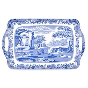 pimpernel spode blue italian collection large handled tray | serving tray for lunch, coffee, or breakfast | made of melamine for indoor and outdoor use | measures 18.9" x 11.6" | dishwasher safe