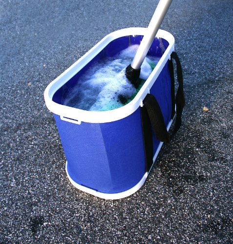 Camco Rectangular Collapsible Wash Bucket with Zippered Storage Case-Ideal For Large Wash Brushes,Perfect For Car,Truck,Boat and RV Washing-Holds 5 Gallons (42973),Blue and White,One Size