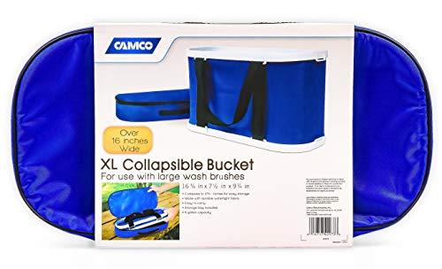 Camco Rectangular Collapsible Wash Bucket with Zippered Storage Case-Ideal For Large Wash Brushes,Perfect For Car,Truck,Boat and RV Washing-Holds 5 Gallons (42973),Blue and White,One Size