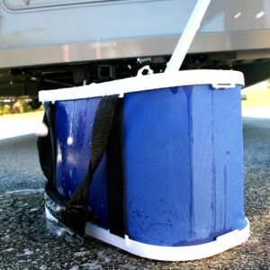 Camco Rectangular Collapsible Wash Bucket with Zippered Storage Case-Ideal For Large Wash Brushes,Perfect For Car,Truck,Boat and RV Washing-Holds 5 Gallons (42973),Blue and White,One Size