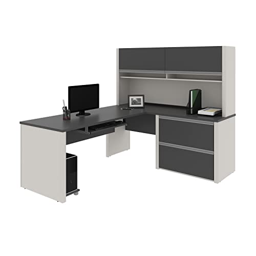 Bestar Connexion L-Shaped Desk with Hutch and Lateral File Cabinet, 72W, Slate/Sandstone