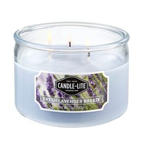 candle-lite scented fresh lavender breeze fragrance, one 10oz. 3-wick aromatherapy candle with 20-40 hours of burn time, light purple color, 10 oz