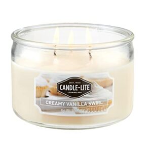 candle-lite scented candles, creamy vanilla swirl fragrance, one 10 oz. three wick aromatherapy candle with 20-40 hours of burn time, off-white color