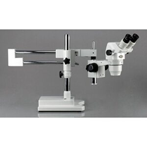 AmScope ZM-4B Professional Binocular Stereo Zoom Microscope, EW10x Eyepieces, 6.7X-45X Magnification, 0.67X-4.5X Zoom Objective, Ambient Lighting, Double-Arm Boom Stand