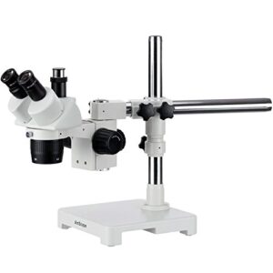 amscope sw-3t24z trinocular stereo microscope, wh10x eyepieces, 20x/40x/80x magnification, 2x/4x objective, single-arm boom stand, includes 2.0x barlow lens