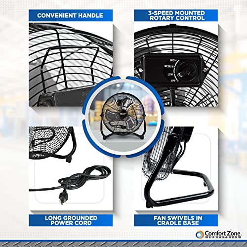 Comfort Zone CZHV14B 14” High Velocity 3-Speed Cradle Mount Floor Fan with 180-Degree Adjustable Tilt, All-Metal Construction, Carry Handle and Rubber Feet for Stability, Black