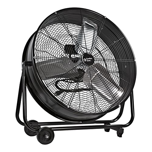 Comfort Zone CZMC24 2-Speed High-Velocity 24-inch Industrial Drum Fan with Aluminum Blades, 180-Degree Adjustable Tilt and Built-In Rubber Wheels in Black