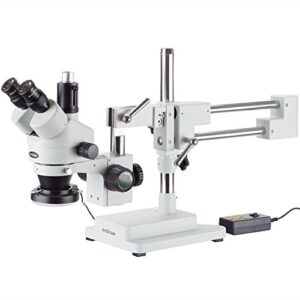 amscope sm-4tx-144a trinocular stereo microscope, wf10x eyepieces, 3.5x-45x magnification, 0.7x-4.5x objective power, 0.5x barlow lens, 144-bulb ring-style led light source, double-arm boom stand, 110-240v , white