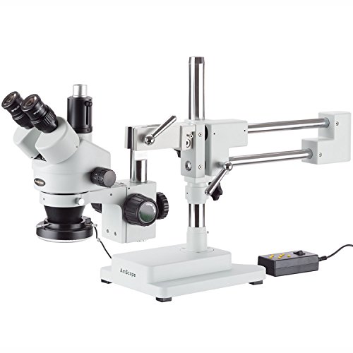 AmScope SM-4TX-144A Trinocular Stereo Microscope, WF10x Eyepieces, 3.5X-45X Magnification, 0.7X-4.5X Objective Power, 0.5X Barlow Lens, 144-Bulb Ring-Style LED Light Source, Double-Arm Boom Stand, 110-240V , White