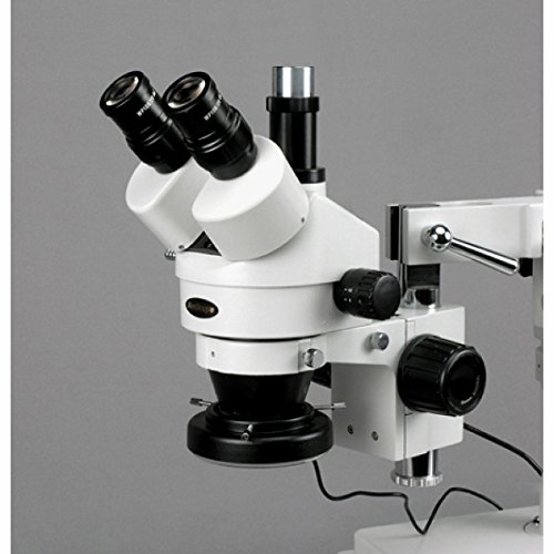 AmScope SM-4TX-144A Trinocular Stereo Microscope, WF10x Eyepieces, 3.5X-45X Magnification, 0.7X-4.5X Objective Power, 0.5X Barlow Lens, 144-Bulb Ring-Style LED Light Source, Double-Arm Boom Stand, 110-240V , White