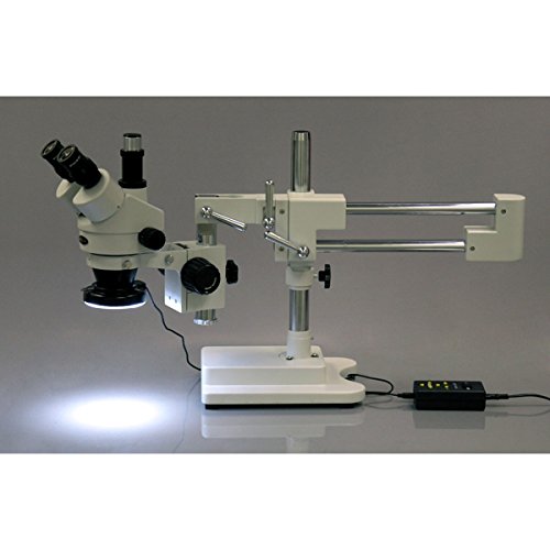 AmScope SM-4TX-144A Trinocular Stereo Microscope, WF10x Eyepieces, 3.5X-45X Magnification, 0.7X-4.5X Objective Power, 0.5X Barlow Lens, 144-Bulb Ring-Style LED Light Source, Double-Arm Boom Stand, 110-240V , White