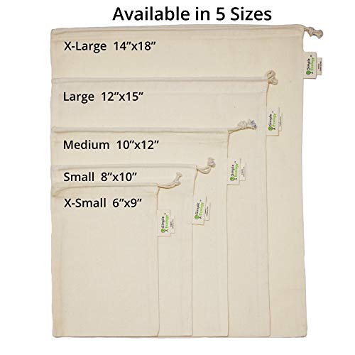 Simple Ecology Reusable Grocery Produce Shopping and Storage Bags, Organic Cotton Muslin, Set of 6 (2 ea. of L, M, S)