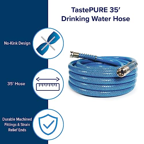 Camco TastePURE 35-Foot Premium Camper/RV Drinking Water Hose | Features a Heavy-Duty No-Kink Design with Strain Relief Ends & 5/8-Inch Inside Diameter | NSF Drinking Water Safe Certified (22843)