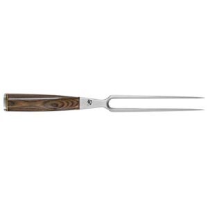 shun premier two-pronged carving fork; safely slice and carve roasts, ham and poultry with a steadying carving fork; stainless steel, 6.5-inch tines; beautiful walnut-colored pakkawood handle