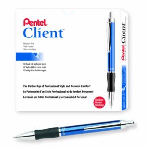 pentel client retractable ballpoint pen, medium line, blue barrel, black ink, box of 12 (bk910c-a)