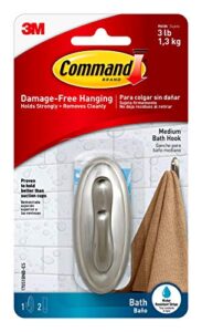 command medium traditional water-resistant adhesive, 3 lb capacity, 1 hook, 2 strips, 17051bn-b none, bath-brushed nickel