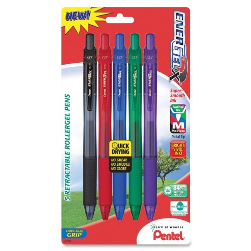 Pentel EnerGel-X Retractable Liquid Gel Pen 0.7mm, Metal Tip, Medium, Assorted Ink (BL107BP5M)