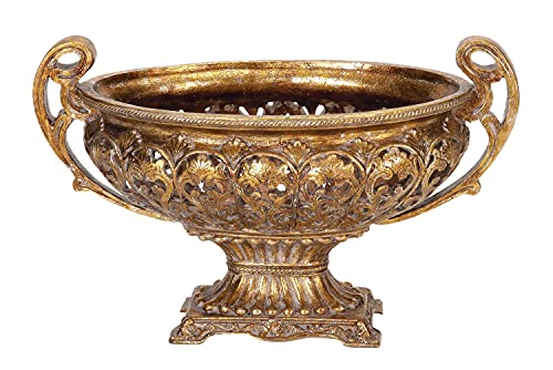 Deco 79 Polystone Ornate Decorative Bowl with Handles, 19" x 10" x 12", Gold