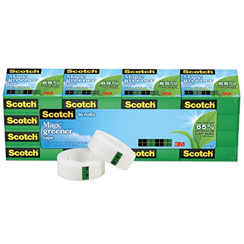 Scotch Magic Greener Tape, 16 Rolls, Numerous Applications, Invisible, Engineered for Repairing, 3/4 x 900 Inches, Boxed (812-16P)