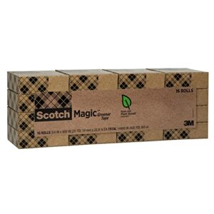 Scotch Magic Greener Tape, 16 Rolls, Numerous Applications, Invisible, Engineered for Repairing, 3/4 x 900 Inches, Boxed (812-16P)