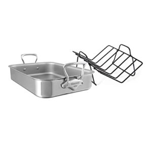 mauviel m'cook 5-ply polished stainless steel roasting pan with rack, and cast stainless steel handles, 15.7 x 11.8-in, made in france