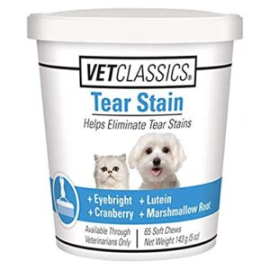 vet classics tear stain supplements for dogs, cats – helps to prevent and eliminate tear stains for dog, cat breeds – pet supplement, pet immune support – 65 soft chews