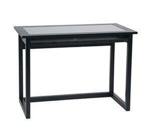 osp designs meridian 42-inch wide computer desk with pullout keyboard tray with storage space, black finish wood and veneer frame and clear glass top