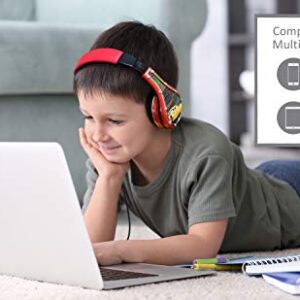 eKids Cars Kids Headphones, Adjustable Headband, Stereo Sound, 3.5Mm Jack, Wired Headphones for Kids, Tangle-Free, Volume Control, Childrens Headphones Over Ear for School Home, Travel