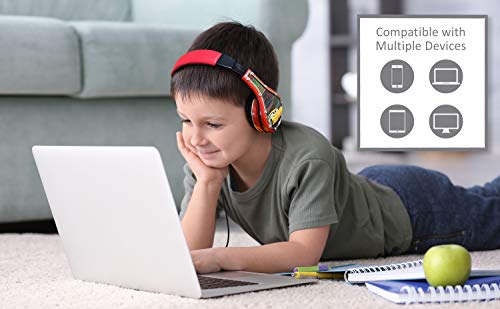 eKids Cars Kids Headphones, Adjustable Headband, Stereo Sound, 3.5Mm Jack, Wired Headphones for Kids, Tangle-Free, Volume Control, Childrens Headphones Over Ear for School Home, Travel