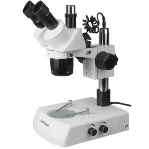 amscope sw-2t24x trinocular stereo microscope, wh10x eyepieces, 10x/20x/40x magnification, 2x/4x objective, upper and lower halogen lighting, pillar stand, 110v-120v, includes 0.5x barlow lens