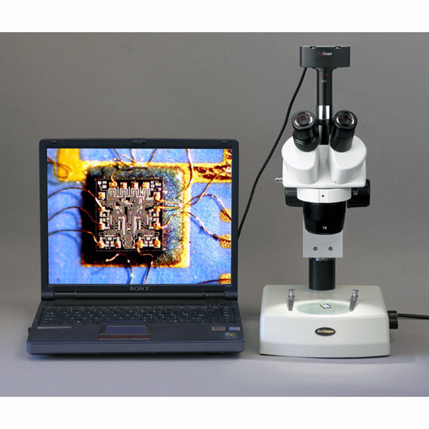 AmScope SW-2T24X Trinocular Stereo Microscope, WH10x Eyepieces, 10X/20X/40X Magnification, 2X/4X Objective, Upper and Lower Halogen Lighting, Pillar Stand, 110V-120V, Includes 0.5x Barlow Lens