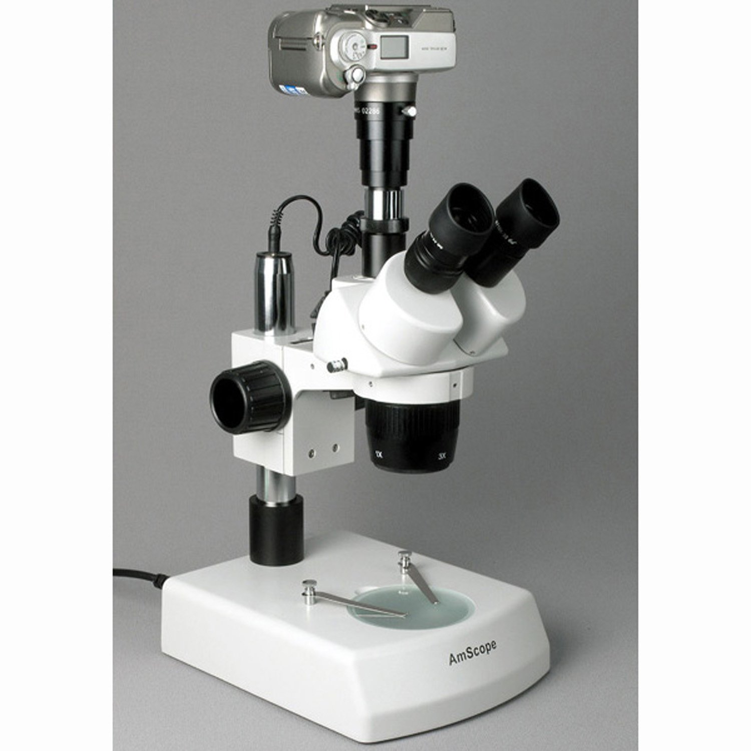 AmScope SW-2T24X Trinocular Stereo Microscope, WH10x Eyepieces, 10X/20X/40X Magnification, 2X/4X Objective, Upper and Lower Halogen Lighting, Pillar Stand, 110V-120V, Includes 0.5x Barlow Lens