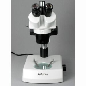 AmScope SW-2T24X Trinocular Stereo Microscope, WH10x Eyepieces, 10X/20X/40X Magnification, 2X/4X Objective, Upper and Lower Halogen Lighting, Pillar Stand, 110V-120V, Includes 0.5x Barlow Lens