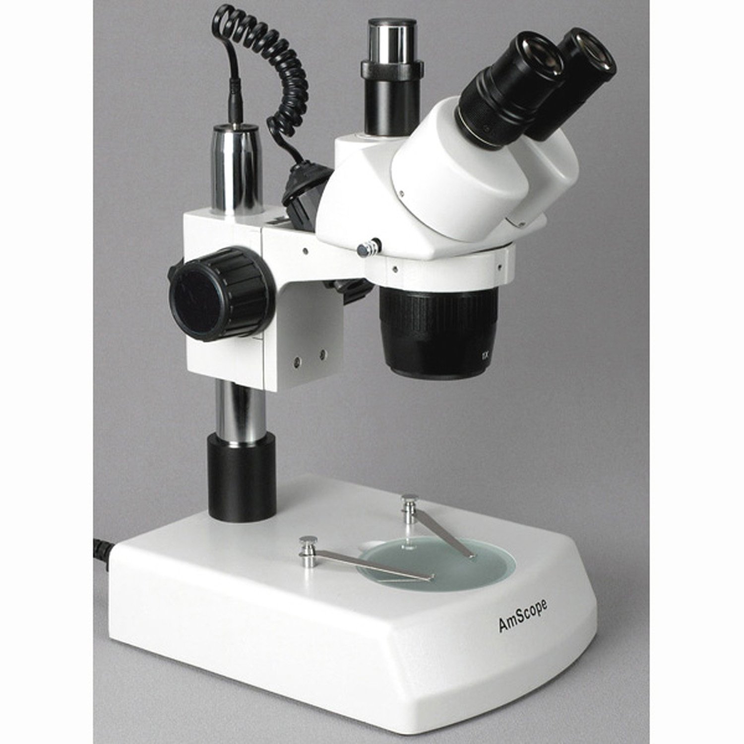 AmScope SW-2T24X Trinocular Stereo Microscope, WH10x Eyepieces, 10X/20X/40X Magnification, 2X/4X Objective, Upper and Lower Halogen Lighting, Pillar Stand, 110V-120V, Includes 0.5x Barlow Lens