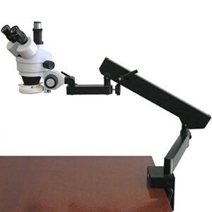 amscope sm-6t-frl professional trinocular stereo zoom microscope, wh10x eyepieces, 7x-45x magnification, 0.7x-4.5x zoom objective, 8w fluorescent ring light, clamping articulating arm stand, 110v-120v