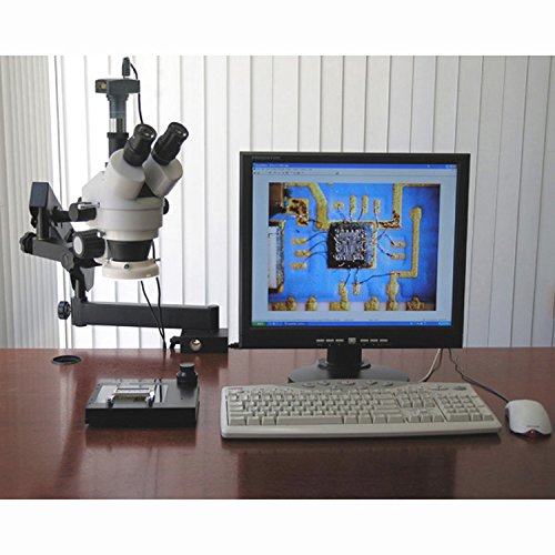 AmScope SM-6T-FRL Professional Trinocular Stereo Zoom Microscope, WH10x Eyepieces, 7X-45X Magnification, 0.7X-4.5X Zoom Objective, 8W Fluorescent Ring Light, Clamping Articulating Arm Stand, 110V-120V