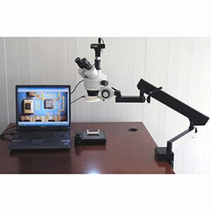 AmScope SM-6T-FRL Professional Trinocular Stereo Zoom Microscope, WH10x Eyepieces, 7X-45X Magnification, 0.7X-4.5X Zoom Objective, 8W Fluorescent Ring Light, Clamping Articulating Arm Stand, 110V-120V