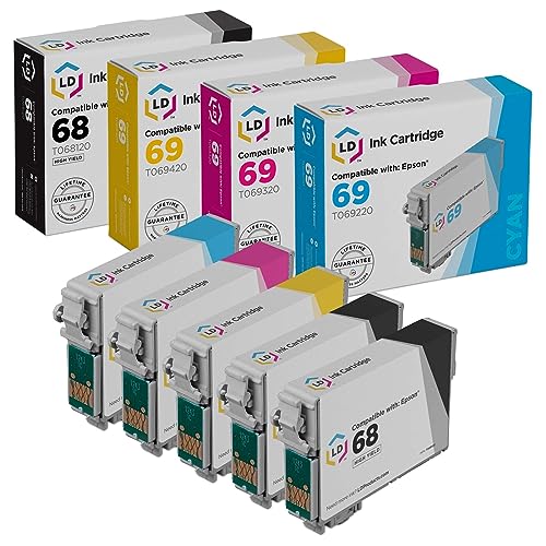 LD Products Remanufactured Ink Cartridge Replacement for Epson 68 & 69 (2 Black, 1 Cyan, 1 Magenta, 1 Yellow, 5-Pack)