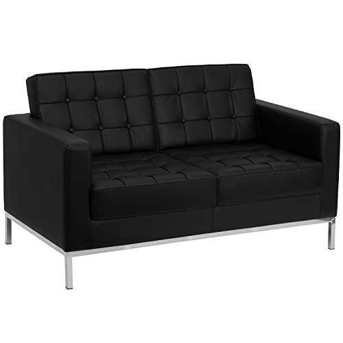 Flash Furniture HERCULES Lacey Series Contemporary Black LeatherSoft Loveseat with Stainless Steel Frame