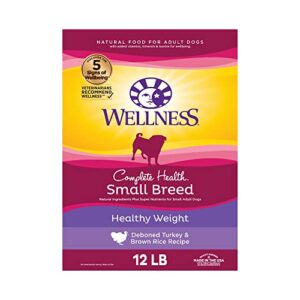 wellness complete health small breed dry dog food with grains, made in usa with real turkey and natural ingredients, for dogs up to 25 lbs, healthy weight, 12 pound bag