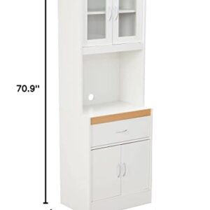 Hodedah Long Standing Kitchen Cabinet with Top & Bottom Enclosed Cabinet Space, One Drawer, Large Open Space for Microwave, White