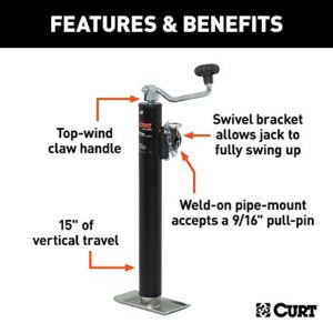 CURT 28323 Weld-On Pipe-Mount Swivel Trailer Jack, 2,000 lbs. 15 Inches Vertical Travel