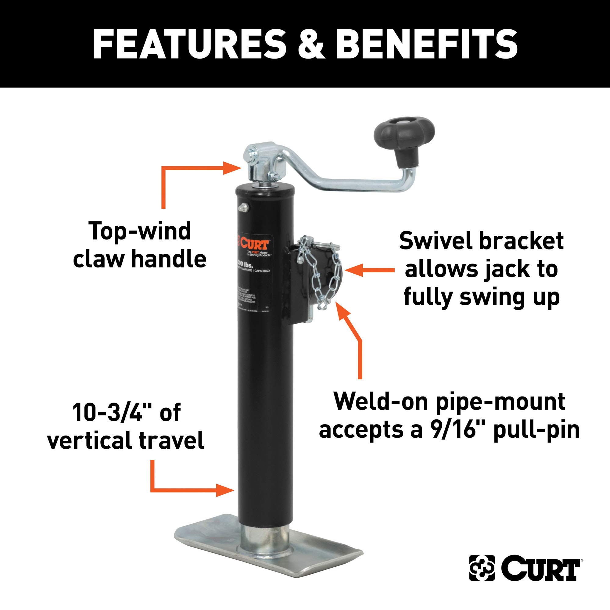 CURT 28351 Weld-On Pipe-Mount Swivel Trailer Jack, 5,000 lbs. 10-3/4 Inches Vertical Travel