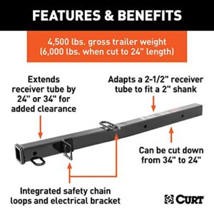 CURT 45048 Trailer Hitch Receiver Adapter Reducer, 2-1/2 to 2-Inch, 34-In Extension, 4,500 lbs , Black