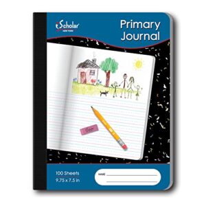 ischolar primary composition book, journal, unruled top, .5 inch ruled bottom half, 100 sheets, 9.75 x 7.5 inches, black marble (10116)
