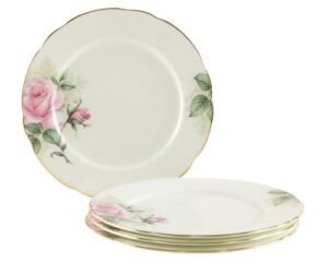 gracie bone china 7-1/2-inch dessert plate, pink green rose bouquet, set of 4, gold trimmed