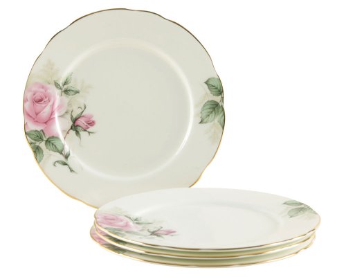 Gracie Bone China 7-1/2-Inch Dessert Plate, Pink Green Rose Bouquet, Set of 4, Gold Trimmed