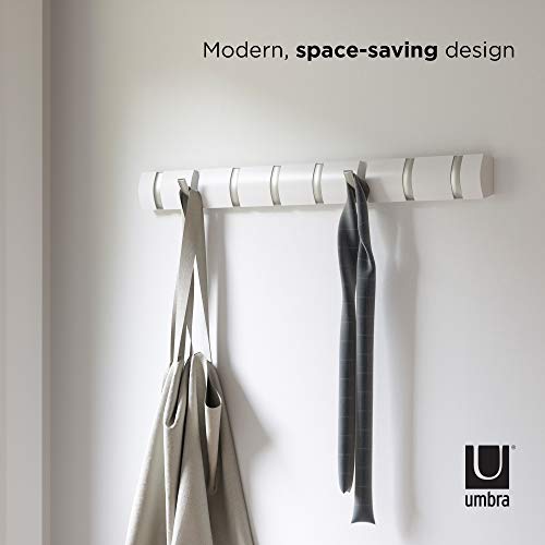 Umbra Flip Wall Mounted Floating Rack – Modern, Sleek, Space-Saving Hanger with Retractable Hang Coats, Scarves, Purses and More, 8 Hook, White