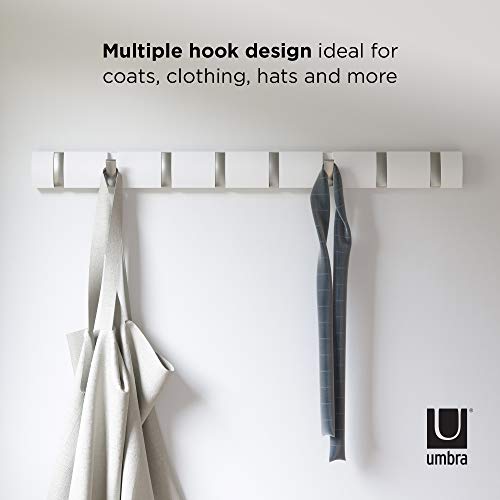 Umbra Flip Wall Mounted Floating Rack – Modern, Sleek, Space-Saving Hanger with Retractable Hang Coats, Scarves, Purses and More, 8 Hook, White