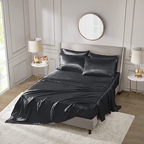 Madison Park - SHET20-173 Satin Wrinkle-Free Luxurious and Silky with 16" Deep Pocket 6 Piece Durable Sheet Set, Queen, Black